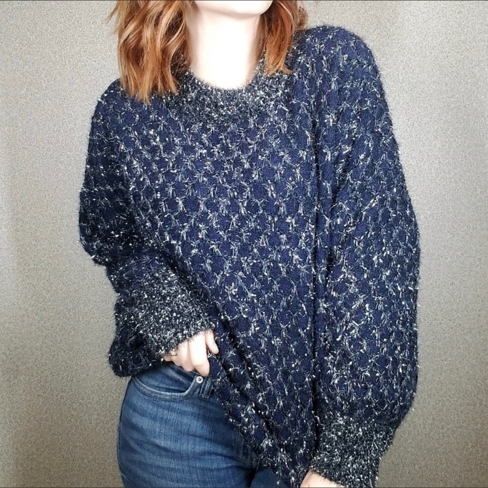 RAGA XS Eyelash Sweater Navy Silver Metallic Balloon Sleeve Oversized